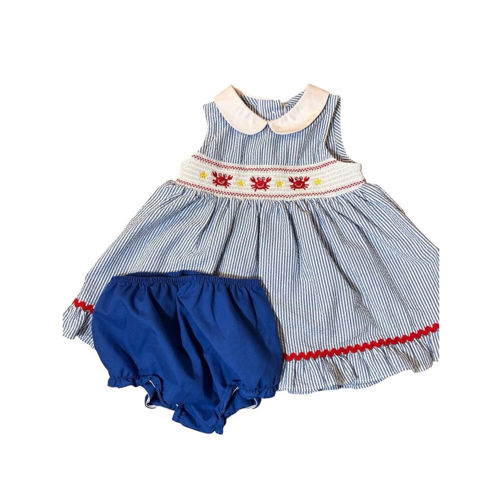 Goodlad 18M Blue Seersucker Crab Smocked Dress w Bloomers Summer